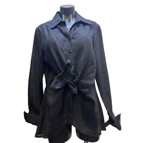 NWT Neiman Marcus Black Linen Blouse With Tie Detail Size L - Picture 1 of 6